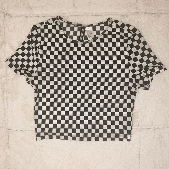 Black and white H&M Mesh Checkered Print Crop Top - Picture 1 of 5